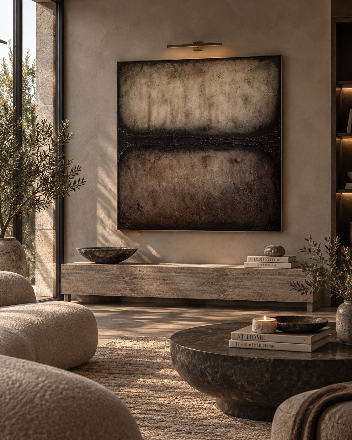 Between original textural artwork by Studio Malie shown in a warm contemporary interior