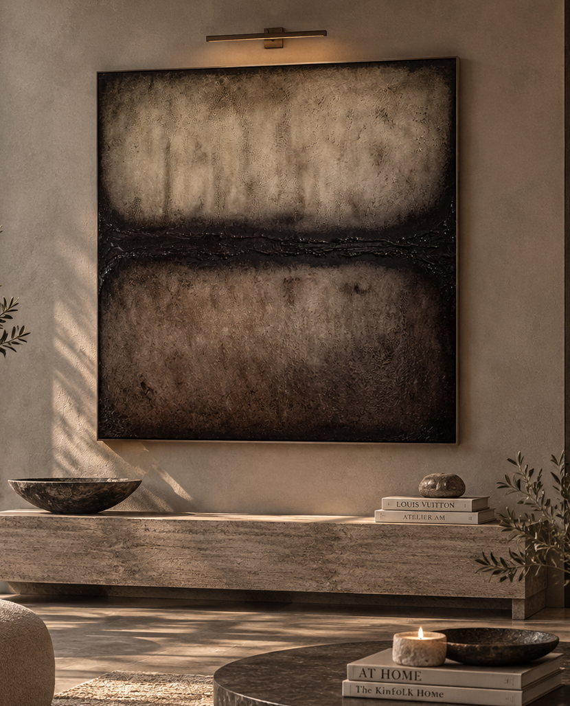 Between original textural artwork by Studio Malie shown in a warm contemporary interior