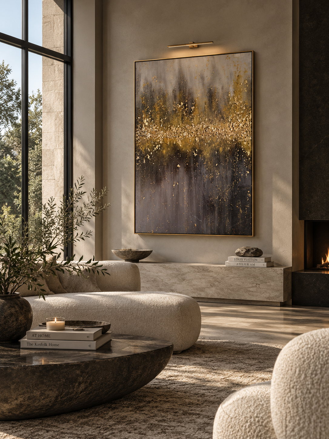 Gilded Earth original gold leaf artwork by Studio Malie shown in a luxury neutral interior
