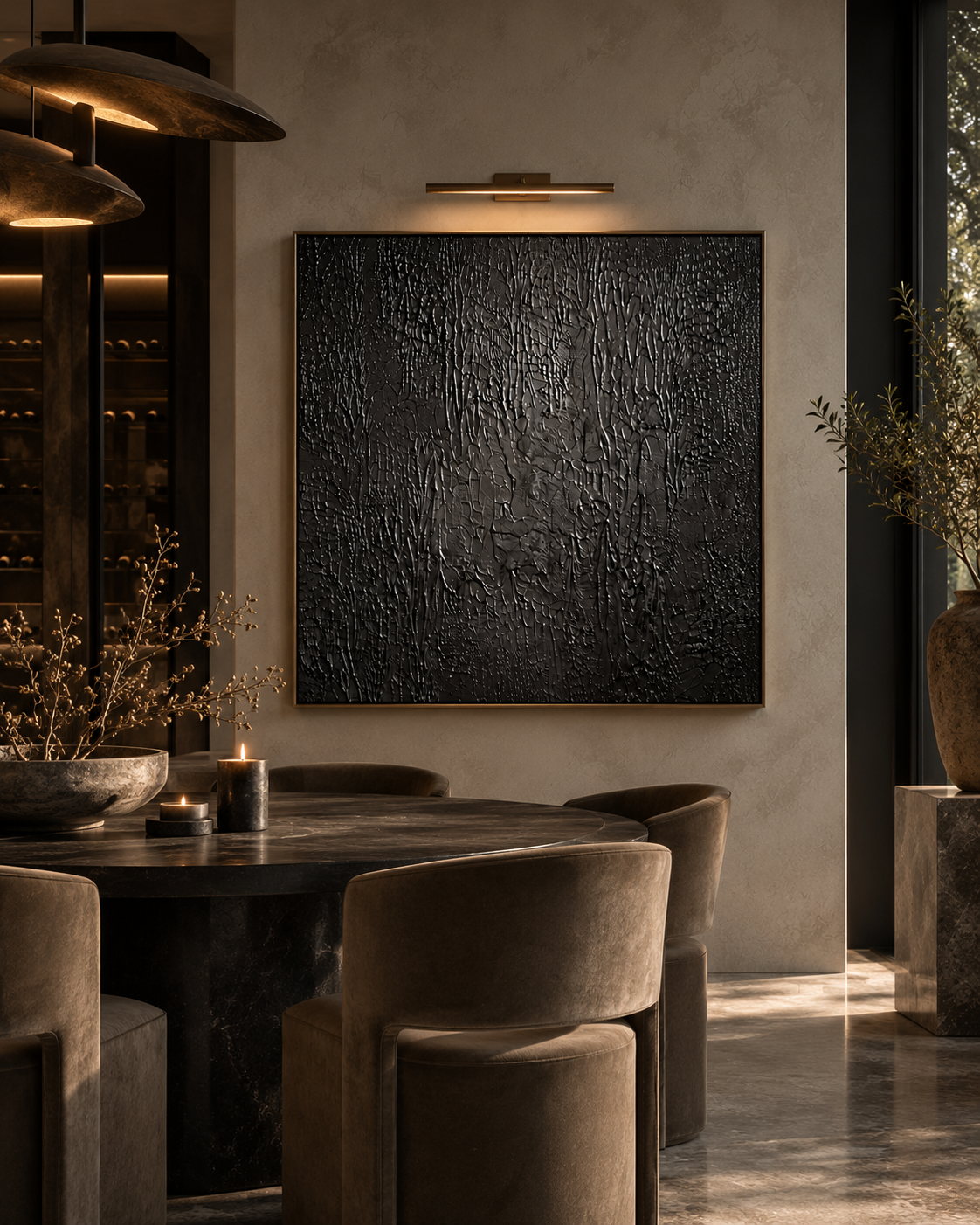 Obsidian black sculptural artwork by Studio Malie shown in a contemporary dining interior