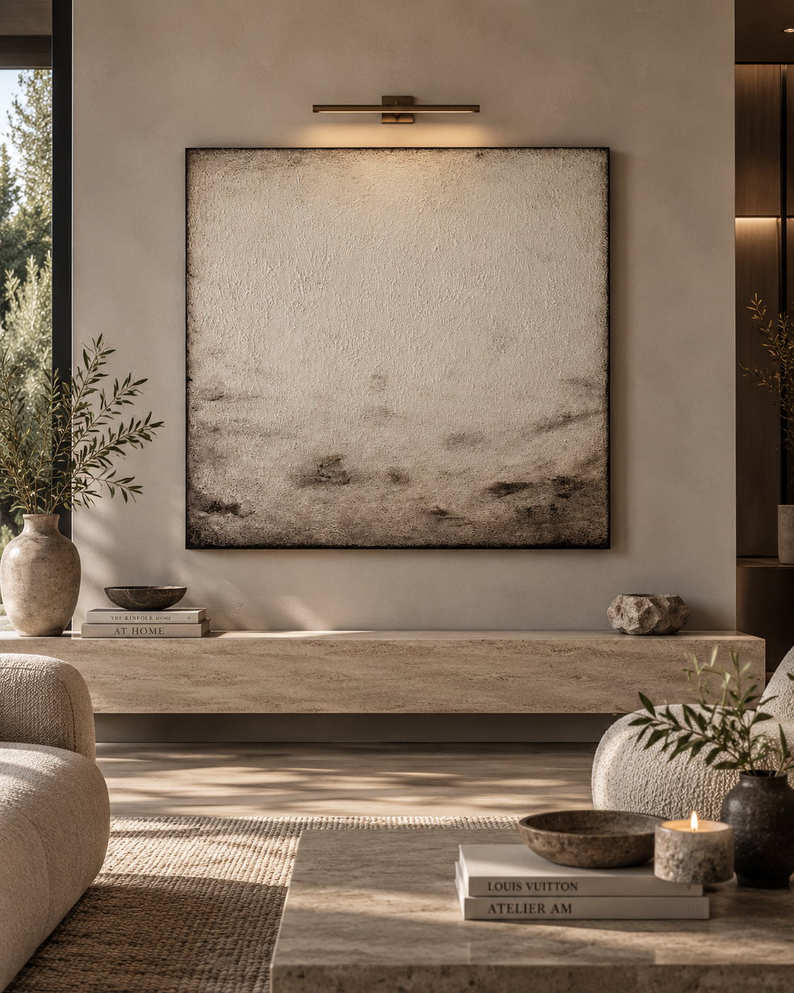 Remnant original textural artwork by Studio Malie shown in a refined neutral interior