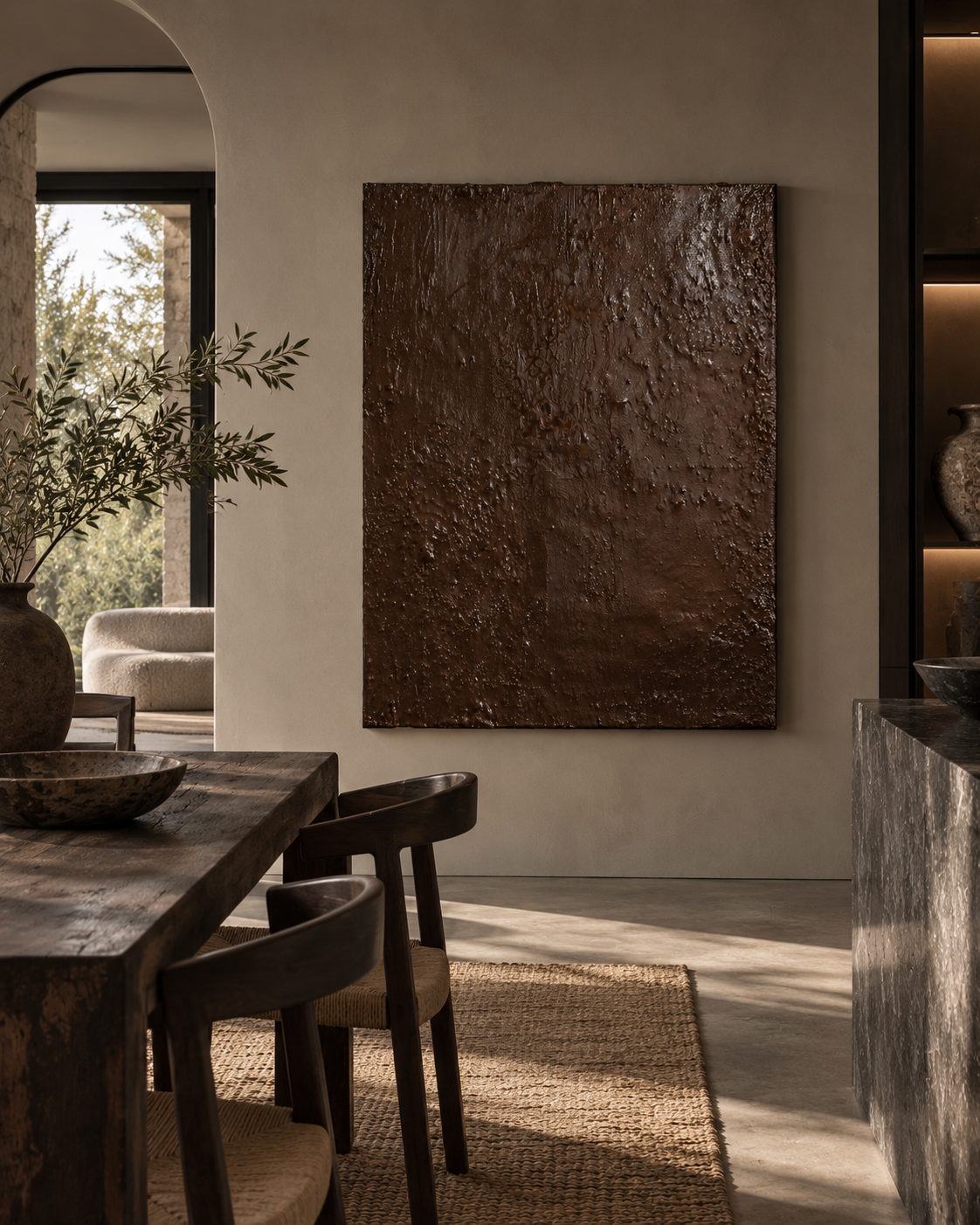 Umber original textural artwork by Studio Malie shown in a warm contemporary dining interior